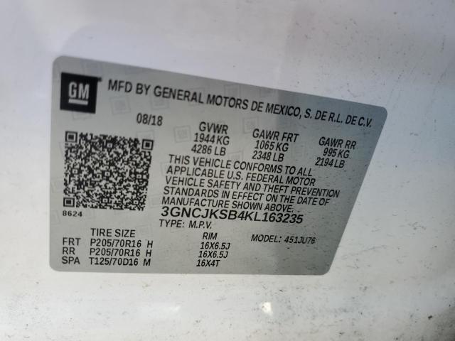 Photo 10 from auction – 2019 CHEVROLET TRAX LS with VIN 3GNCJKSB4KL163235