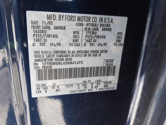 Photo 10 from auction – 2003 FORD F150 SUPER with VIN 1FTRW08L43KB41473