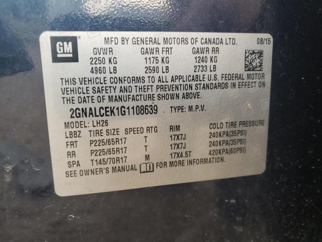 Photo 10 from auction – 2016 CHEVROLET EQUINOX LT with VIN 2GNALCEK1G1108639