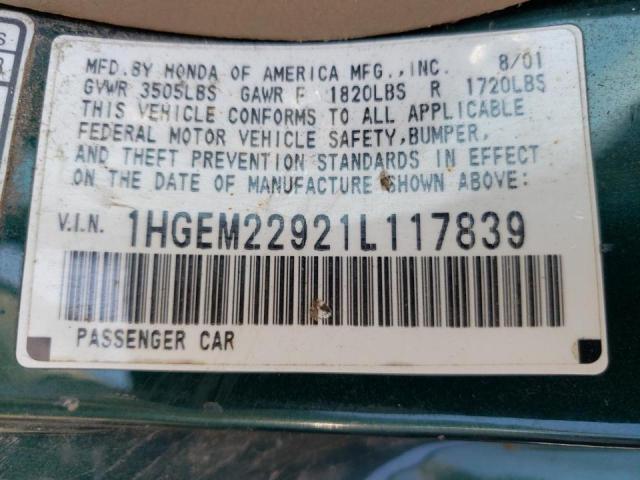Photo 10 from auction – 2001 HONDA CIVIC SI with VIN 1HGEM22921L117839