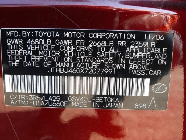 Photo 10 from auction – 2007 LEXUS ES 350 with VIN JTHBJ46GX72077991