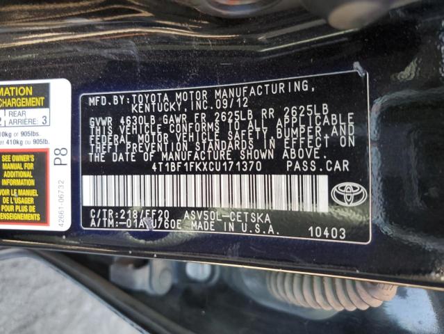 Photo 10 from auction – 2012 TOYOTA CAMRY BASE with VIN 4T1BF1FKXCU171370