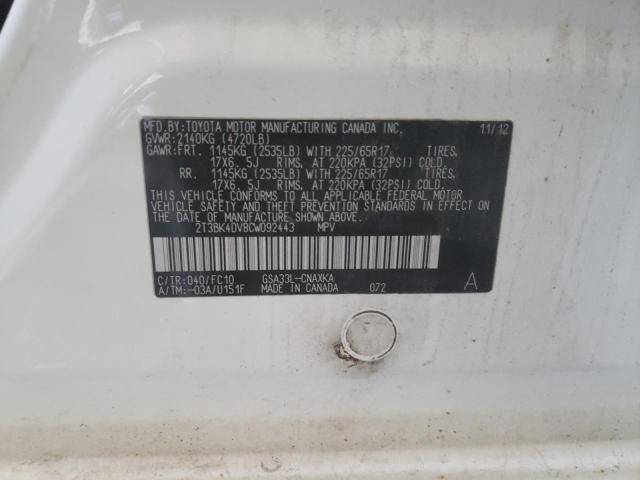 Photo 10 from auction – 2012 TOYOTA RAV4 with VIN 2T3BK4DV8CW092443