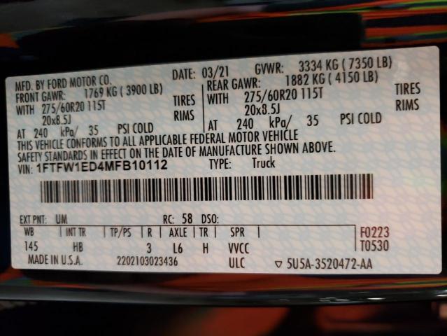 Photo 10 from auction – 2021 FORD F150 SUPER with VIN 1FTFW1ED4MFB10112
