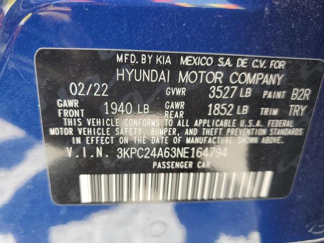 Photo 10 from auction – 2022 HYUNDAI ACCENT SE with VIN 3KPC24A63NE164794