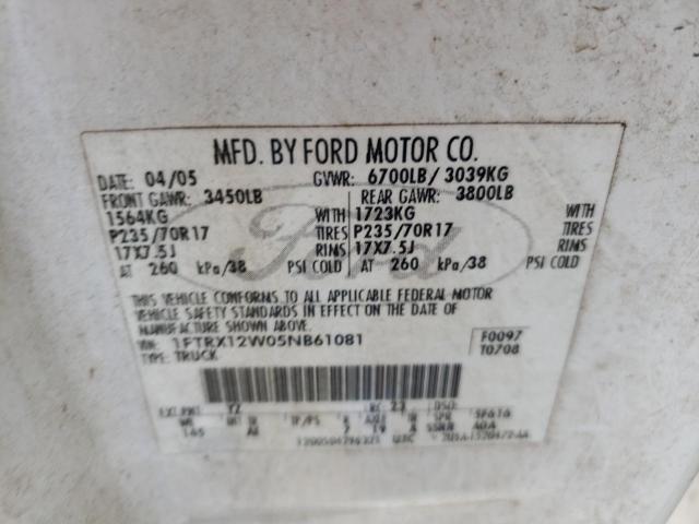 Photo 10 from auction – 2005 FORD F150 with VIN 1FTRX12W05NB61081