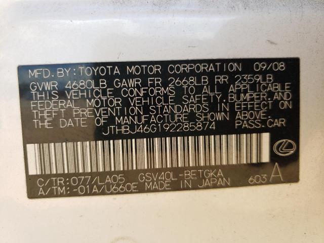 Photo 10 from auction – 2009 LEXUS ES 350 with VIN JTHBJ46G192285874