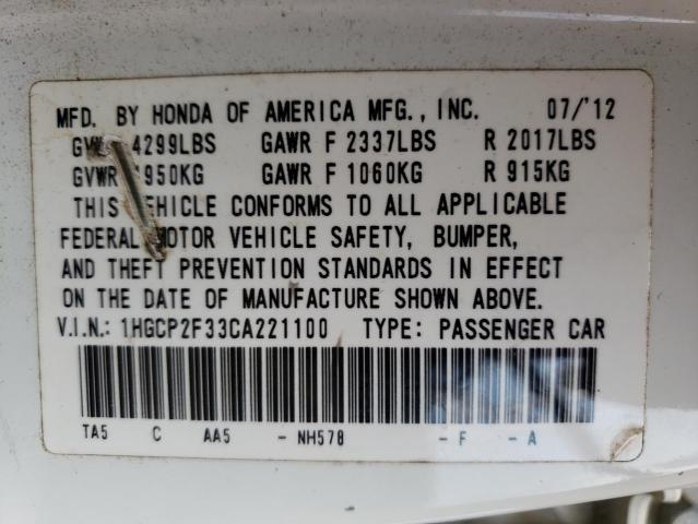 Photo 10 from auction – 2012 HONDA ACCORD LX with VIN 1HGCP2F33CA221100