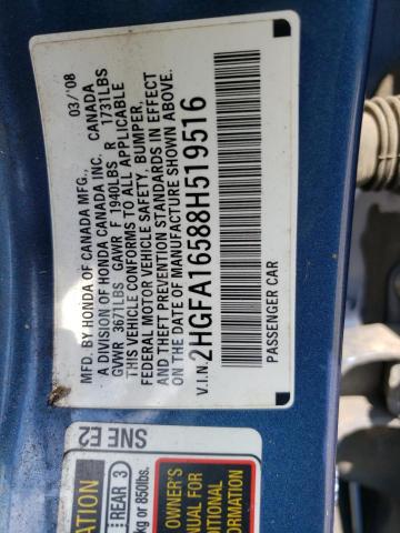 Photo 10 from auction – 2008 HONDA CIVIC LX with VIN 2HGFA16588H519516