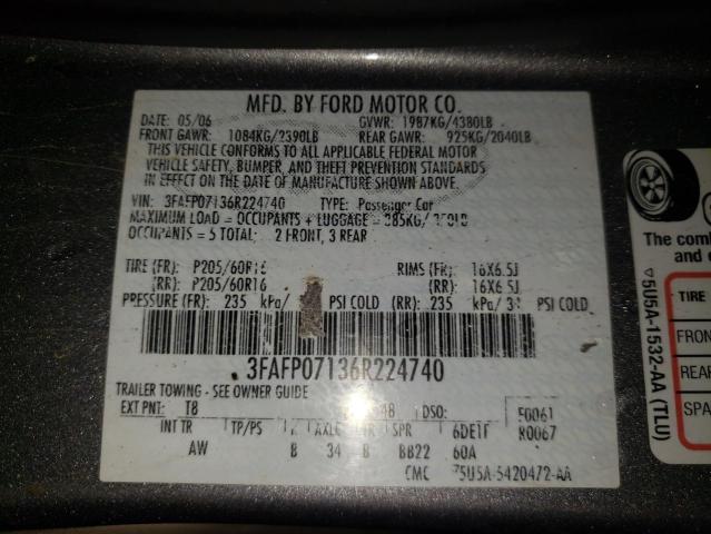 Photo 10 from auction – 2006 FORD FUSION SE with VIN 3FAFP07136R224740
