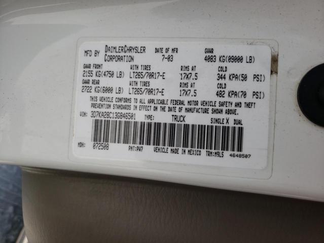 Photo 10 from auction – 2003 DODGE RAM 2500 S with VIN 3D7KA28C13G846501