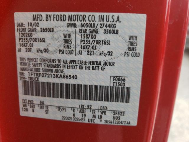 Photo 10 from auction – 2003 FORD F150 with VIN 1FTRF07213KA86540