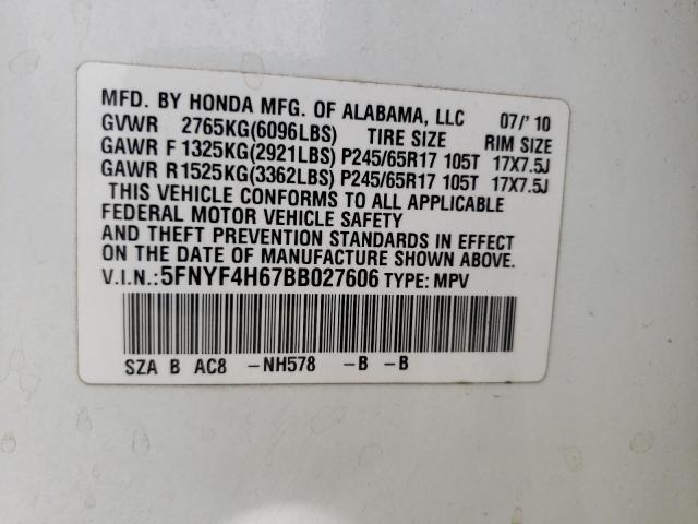 Photo 10 from auction – 2011 HONDA PILOT EXL with VIN 5FNYF4H67BB027606