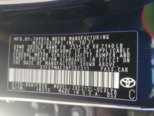 Photo 10 from auction – 2022 TOYOTA COROLLA LE with VIN 5YFEPMAE2NP287311