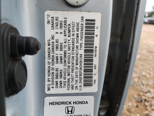 Photo 10 from auction – 2012 HONDA CIVIC LX with VIN 2HGFB2F54CH591244