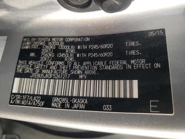 Photo 10 from auction – 2015 TOYOTA 4RUNNER SR with VIN JTEBU5JR3F5261217