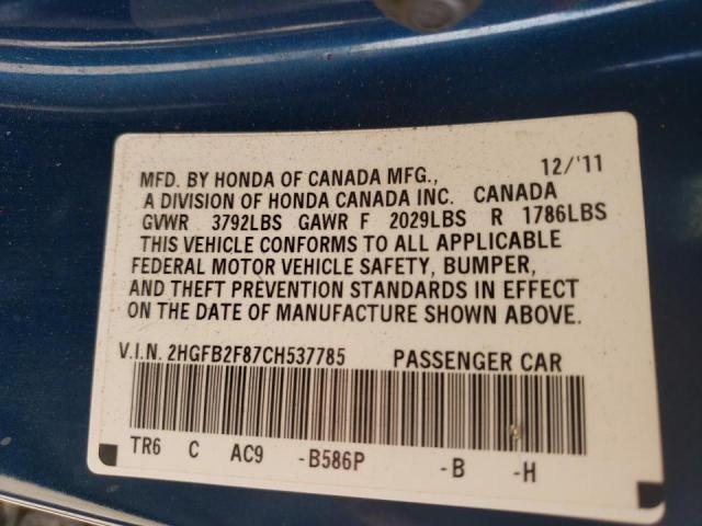Photo 10 from auction – 2012 HONDA CIVIC EX with VIN 2HGFB2F87CH537785