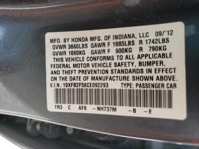 Photo 10 from auction – 2012 HONDA CIVIC LX with VIN 19XFB2F56CE092293