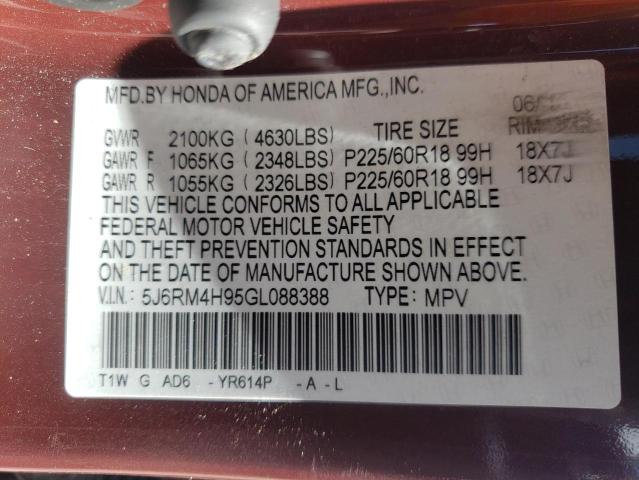Photo 10 from auction – 2016 HONDA CR-V TOURI with VIN 5J6RM4H95GL088388