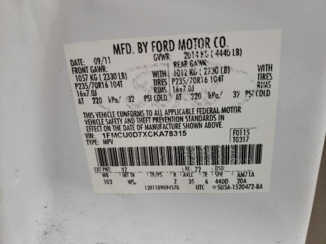 Photo 10 from auction – 2012 FORD ESCAPE XLT with VIN 1FMCU0D7XCKA78315