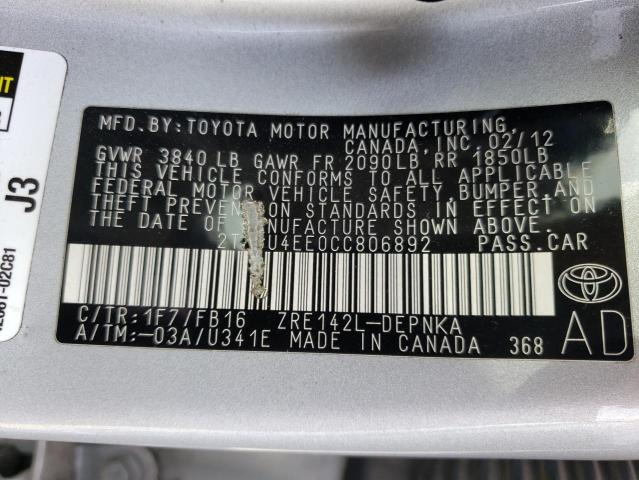 Photo 10 from auction – 2012 TOYOTA COROLLA BA with VIN 2T1BU4EE0CC806892