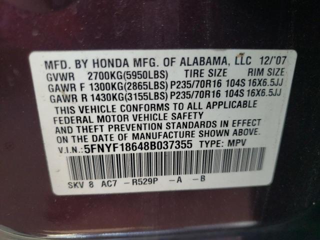Photo 10 from auction – 2008 HONDA PILOT EXL with VIN 5FNYF18648B037355
