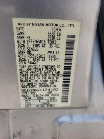 Photo 10 from auction – 2007 NISSAN QUEST with VIN 5N1BV28U47N124102