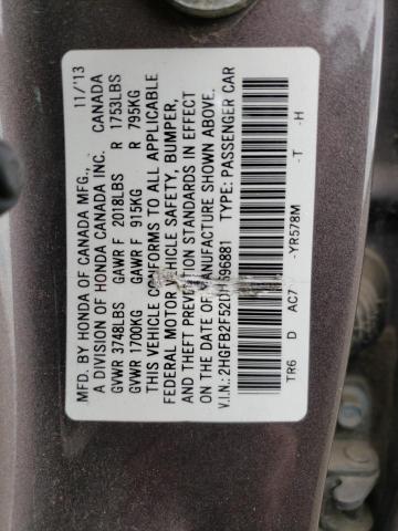 Photo 10 from auction – 2013 HONDA CIVIC LX with VIN 2HGFB2F52DH596881