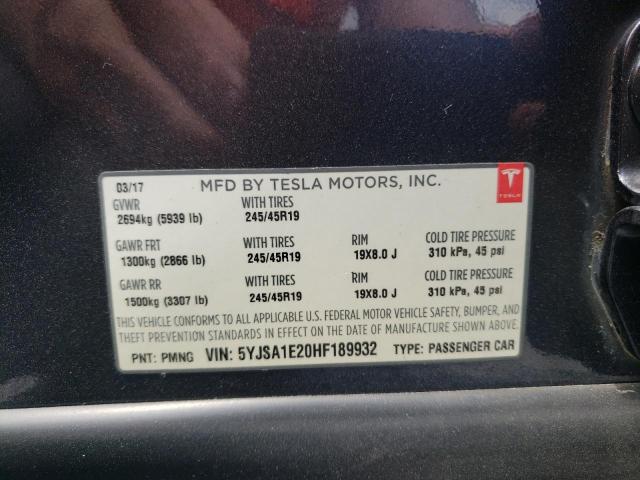 Photo 10 from auction – 2017 TESLA MODEL S with VIN 5YJSA1E20HF189932