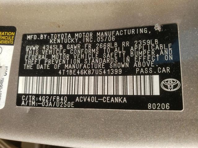 Photo 10 from auction – 2007 TOYOTA CAMRY CE with VIN 4T1BE46K87U541399