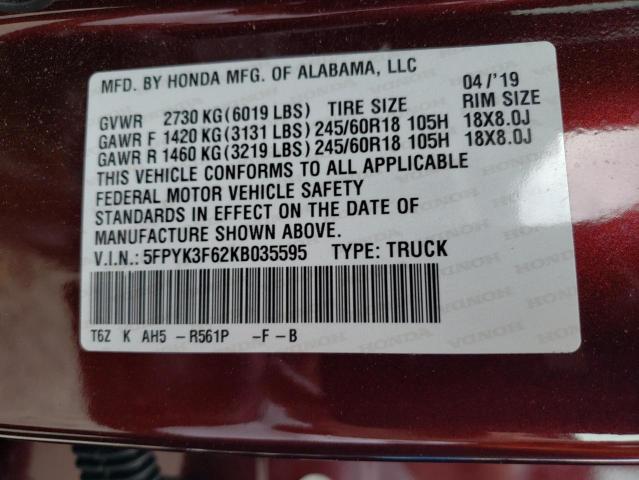 Photo 10 from auction – 2019 HONDA RIDGELINE with VIN 5FPYK3F62KB035595