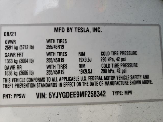 Photo 10 from auction – 2021 TESLA MODEL Y with VIN 5YJYGDEE9MF258342
