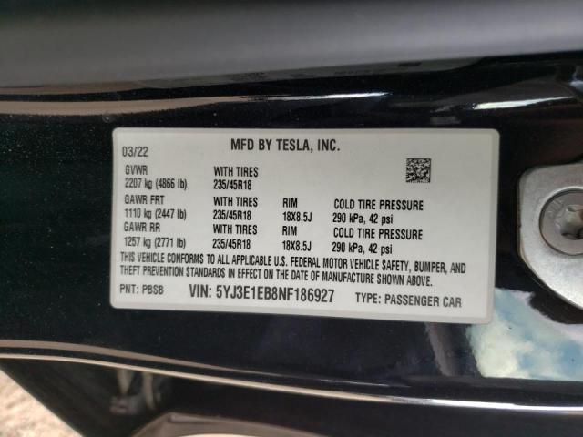 Photo 10 from auction – 2022 TESLA MODEL 3 with VIN 5YJ3E1EB8NF186927
