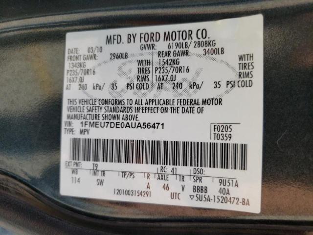 Photo 10 from auction – 2010 FORD EXPLORER X with VIN 1FMEU7DE0AUA56471