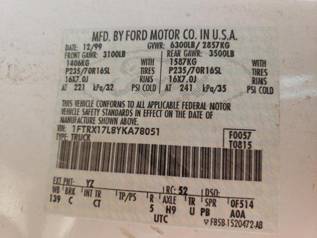 Photo 10 from auction – 2000 FORD F150 with VIN 1FTRX17L8YKA78051
