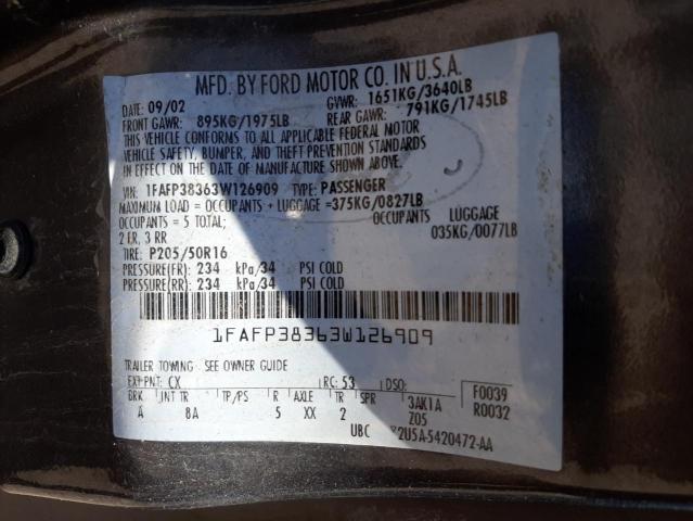 Photo 10 from auction – 2003 FORD FOCUS ZTS with VIN 1FAFP38363W126909