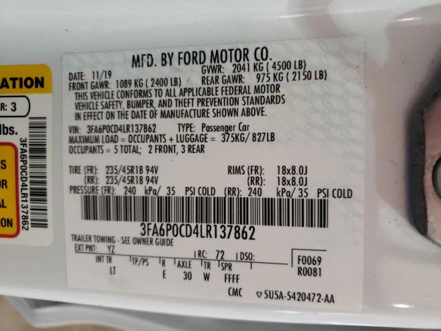 Photo 10 from auction – 2020 FORD FUSION SEL with VIN 3FA6P0CD4LR137862