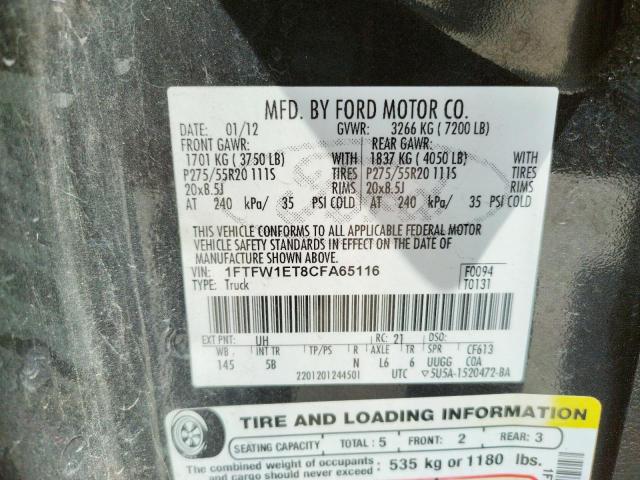 Photo 10 from auction – 2012 FORD F150 SUPER with VIN 1FTFW1ET8CFA65116