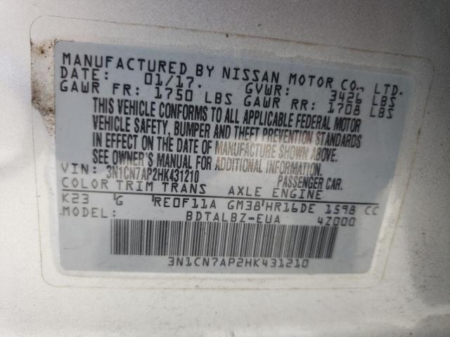 Photo 10 from auction – 2017 NISSAN VERSA S with VIN 3N1CN7AP2HK431210