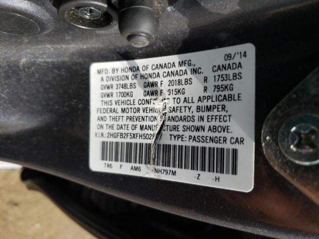 Photo 10 from auction – 2015 HONDA CIVIC LX with VIN 2HGFB2F5XFH502863