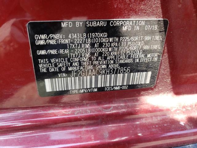 Photo 10 from auction – 2019 SUBARU CROSSTREK with VIN JF2GTAAC9KH377856