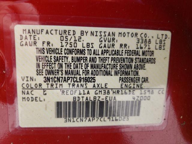 Photo 10 from auction – 2012 NISSAN VERSA S with VIN 3N1CN7AP7CL916025