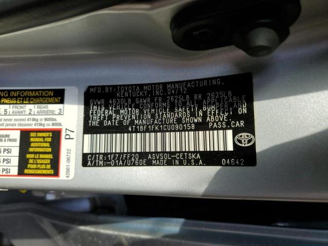 Photo 10 from auction – 2012 TOYOTA CAMRY BASE with VIN 4T1BF1FK1CU090158