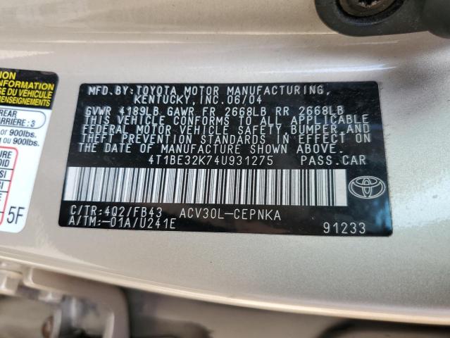 Photo 10 from auction – 2004 TOYOTA CAMRY LE with VIN 4T1BE32K74U931275