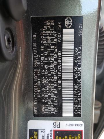 Photo 10 from auction – 2012 TOYOTA CAMRY BASE with VIN 4T1BF1FK2CU594993