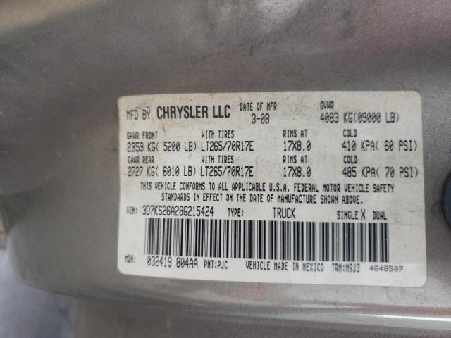 Photo 10 from auction – 2008 DODGE RAM 2500 S with VIN 3D7KS26A28G215424