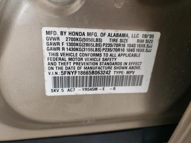 Photo 10 from auction – 2005 HONDA PILOT EXL with VIN 5FNYF18665B063242