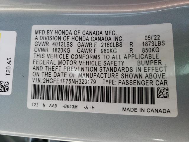 Photo 10 from auction – 2022 HONDA CIVIC EX with VIN 2HGFE1F75NH320179