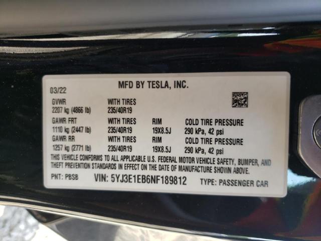 Photo 10 from auction – 2022 TESLA MODEL 3 with VIN 5YJ3E1EB6NF189812