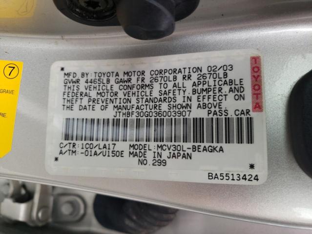 Photo 10 from auction – 2003 LEXUS ES 300 with VIN JTHBF30G036003907
